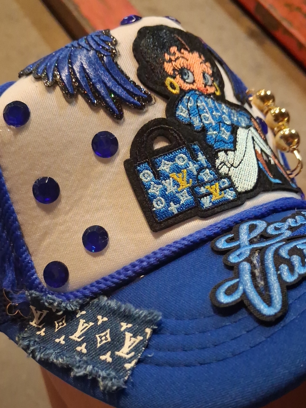 Blue Embroidered Cartoon Trucker Hat with Rhinestones - Picture 2 of 5